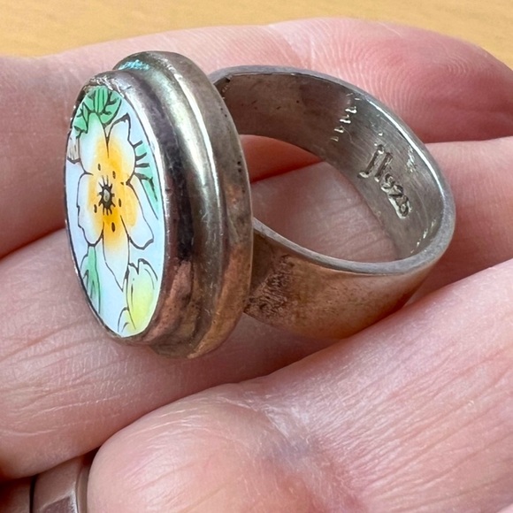 VINTAGE DESIGNER J.LEE JESSICA LEE 925SS CERAMIC FLOWER PAINTING RING HALLMARKED - Picture 12 of 16